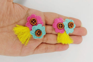 Pink and Blue Floral Applique With Wooden Buttons and Yellow Tassel x 2